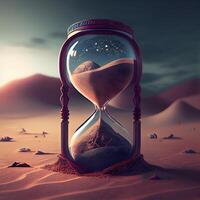 Hourglass in the desert. Time concept. 3D rendering., Image photo