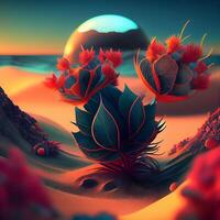 3D illustration of a fantasy landscape with flowers and a planet., Image photo