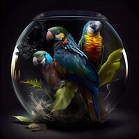 Parrots in a glass bowl on a black background. 3d rendering, Image photo