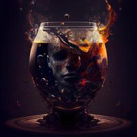 glass of beer with a human face on a dark background with fire and smoke, Image photo