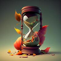 Hourglass with autumn leaves, 3d rendering. Computer digital drawing., Image photo