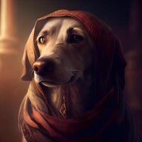 retrato de un perro en un rojo bufanda en un oscuro fondo, ai generativo imagen foto