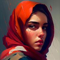 retrato de un hermosa joven mujer en un rojo chal., ai generativo imagen foto