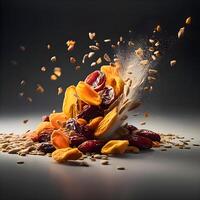 Mixed nuts falling into a wooden bowl on a dark background., Image photo