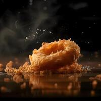 Fried onion rings with smoke on a black background. Close-up, Image photo