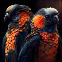 Close-up portrait of two beautiful parrots with orange and blue feathers, Image photo
