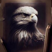 Close up of an eagle with pencils in the background. 3D rendering., Image photo