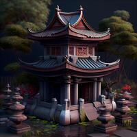 3D rendering of a Japanese temple in the jungle with a dark background, Image photo