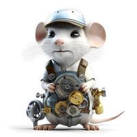 3d representación de un linda blanco ratón con un casco y un engranaje, ai generativo imagen foto