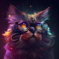 Portrait of a cat with glasses and colorful lights on a black background., Image photo