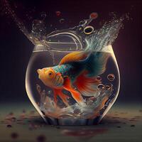 Goldfish in a round aquarium with water splashes. 3d rendering, Image photo