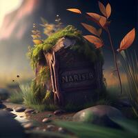 Mysterious stone with moss in the forest. 3d render, Image photo