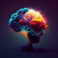 humano cerebro con rojo y azul fuego adentro. 3d ilustración., ai generativo imagen foto