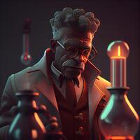 The old scientist in glasses. 3D rendering. Neon light., Image photo