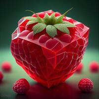 3d illustration of heart made of red glass with raspberries, Image photo