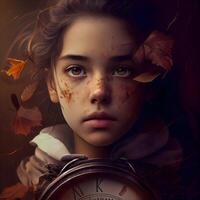 retrato de un hermosa niña con reloj y otoño hojas. Víspera de Todos los Santos., ai generativo imagen foto