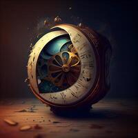 Old clock with fire and smoke on wooden background. 3d illustration, Image photo