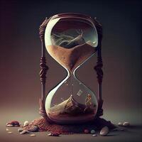 Hourglass with sand and mountains on the background. 3d rendering, Image photo