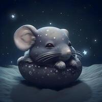 mouse sleeping on a moon in the starry sky. 3d illustration, Image photo