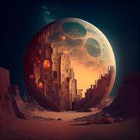 Fantasy landscape with planet and city. 3D rendering illustration., Image photo