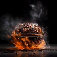 Flaming meat on a black background with smoke and fire., Image photo