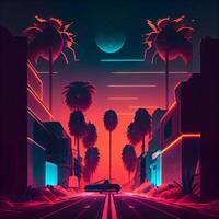 Night city street with palm trees and road at night. illustration, Image photo