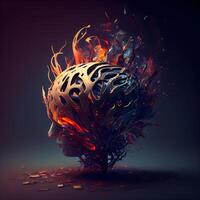 3d illustration of abstract human head in fire and flames on dark background, Image photo