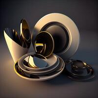 3d representación de oro y negro platos en gris antecedentes con reflexión, ai generativo imagen foto