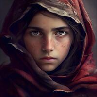 un retrato de un joven mujer cubierto con un rojo paño. Víspera de Todos los Santos., ai generativo imagen foto