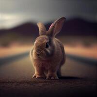 Rabbit on the road in the desert. Conceptual image., Image photo
