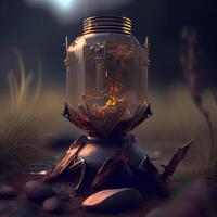Lantern on the ground in the forest. 3D rendering, Image photo