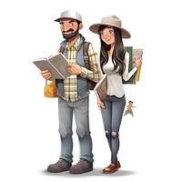 Couple of tourists with a suitcase on a white background. 3d rendering, Image photo