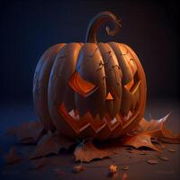 Halloween pumpkin with autumn leaves, 3d render, black background, Image photo