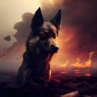 German shepherd in the fire on the background of a burning forest., Image photo
