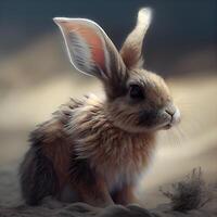 Rabbit sitting on sand and looking at the camera. Close-up., Image photo