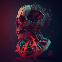 3d illustration of human skull on dark background with blood splatter, Image photo