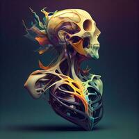 Human skull with colorful blood splashes on dark background. 3d illustration, Ai Generative Image photo