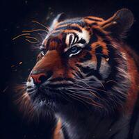 Portrait of a tiger on a dark background with fire effect., Image photo