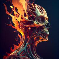 3D rendering of a human skull with fire flames on a dark background, Image photo