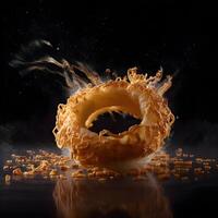 Falling donut in water with smoke and fire on the background, Ai Generative Image photo