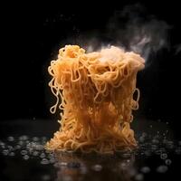 Instant noodles in a black bowl on a dark background with smoke., Image photo