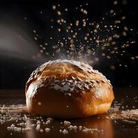 Bread with flour falling on table on dark background. Baking concept, Image photo