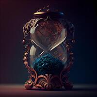 Hourglass with ancient ornament on dark background. 3D illustration., Image photo