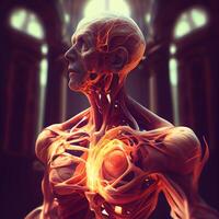 3d ilustración de un masculino anatomía con visible cerebro y circulatorio sistema, ai generativo imagen foto