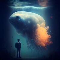 Conceptual image of a man looking at a giant jellyfish., Image photo