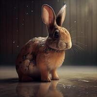 Rabbit on a dark background with drops of water. 3d rendering, Image photo