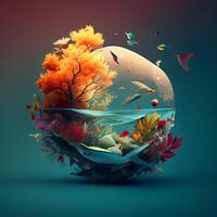 3d render of an abstract planet with algae and fish in it, Image photo