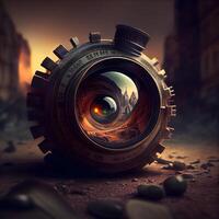 Old camera lens with reflection in the sand. 3d illustration., Image photo