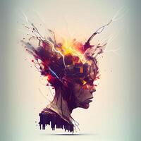 Double exposure of human head and colorful splashes. 3D rendering, Image photo