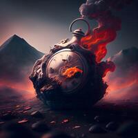 Vintage pocket watch on the background of the volcano. 3D rendering, Image photo